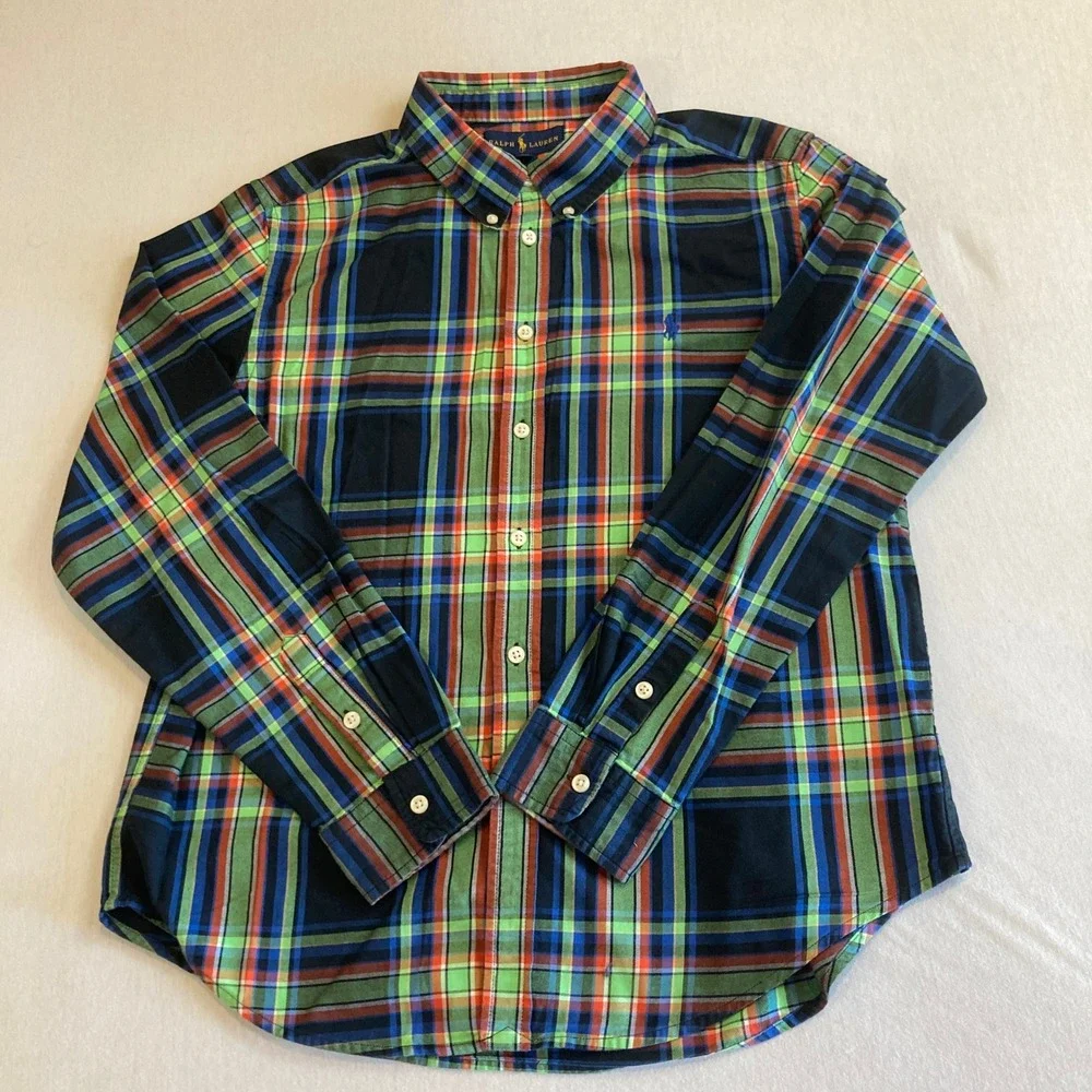 Ralph Lauren Boys XL 18-20 Plaid Button Down Shirt Green Blue Orange Long Sleeve